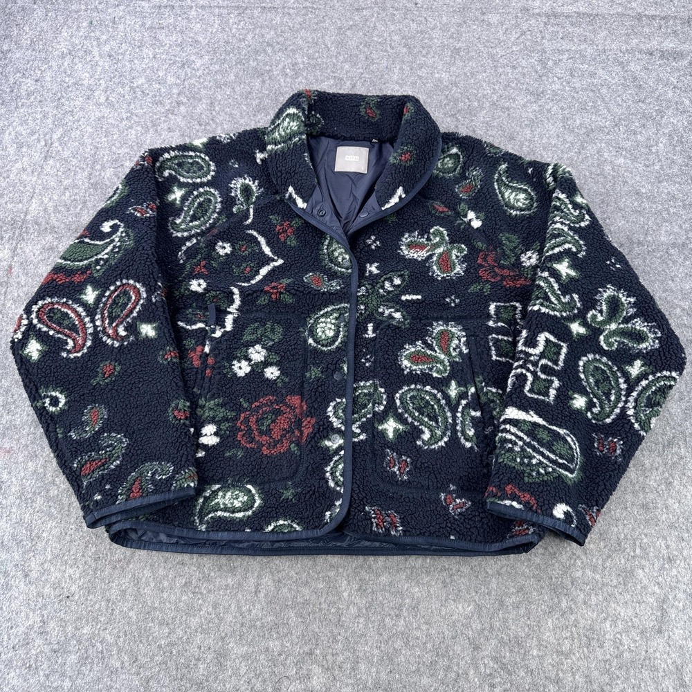 Kith Pinehurst Sherpa Fleece Jacket Mens Large Navy Paisley Snap Front Bomber